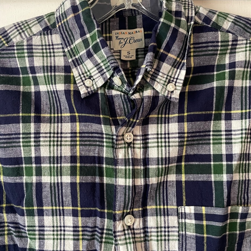 J. Crew Men's Navy and Green Plaid Button Down Shirt